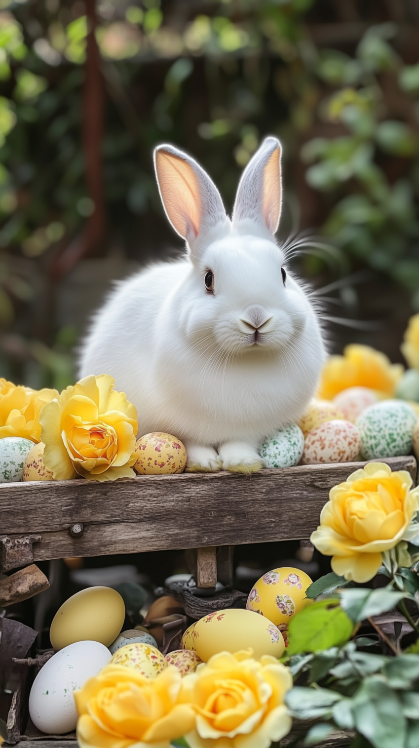 free ai white rabbit surrounded by spring flowers and eggs wildlife image