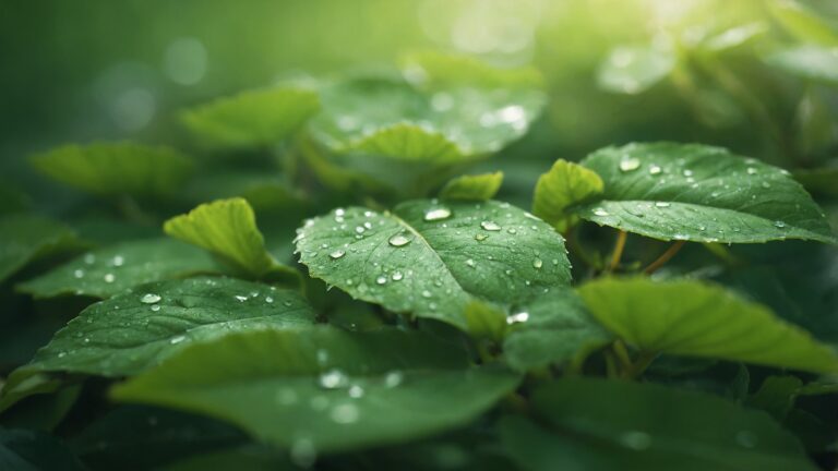 Close-up of dewdrops on green leaves with sunlight and soft, blurred natural background.