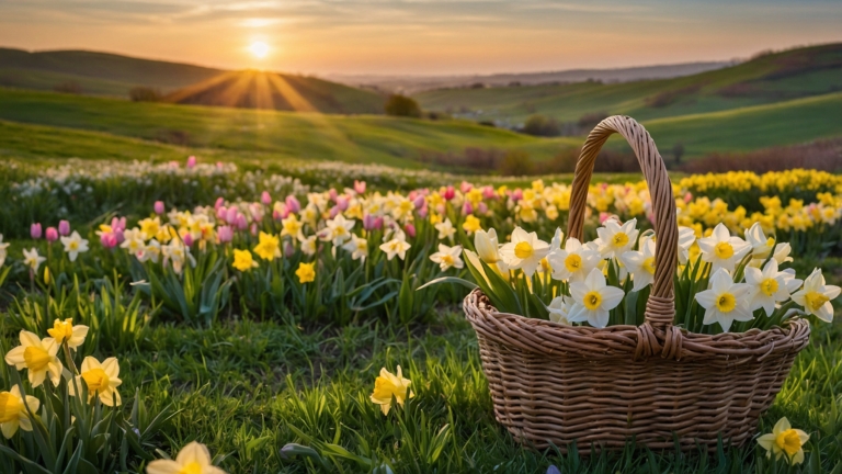 free ai spring daffodil field with wicker basket at sunrise nature landscape image