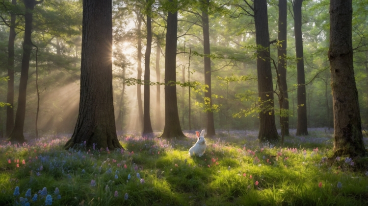 free ai white rabbit sitting in a sunlit spring forest wildlife image