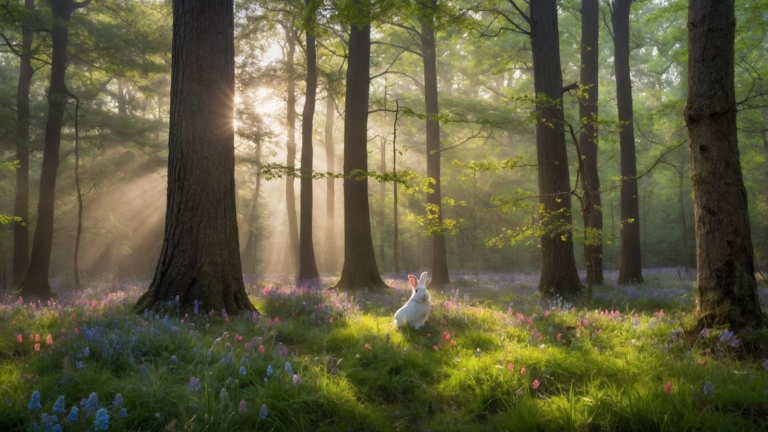 free ai white rabbit sitting in a sunlit spring forest wildlife image