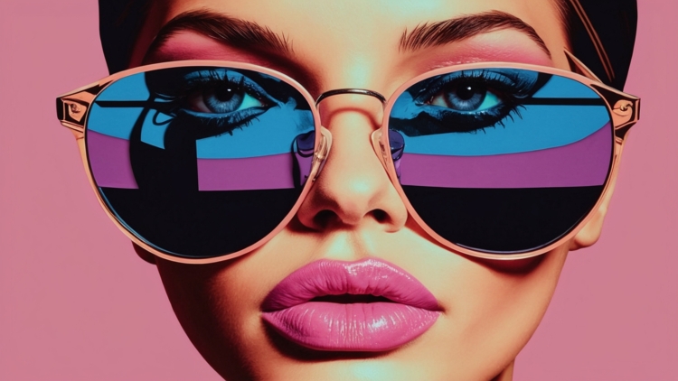 Woman wearing oversized sunglasses with pink and blue reflections on lenses, against pink background.