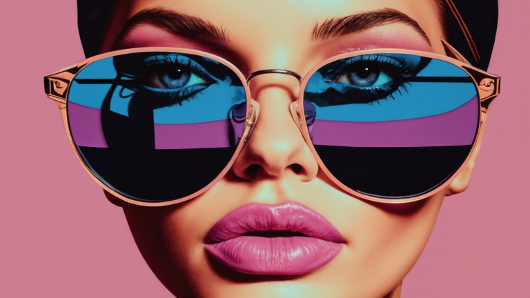 Woman wearing oversized sunglasses with pink and blue reflections on lenses, against pink background.