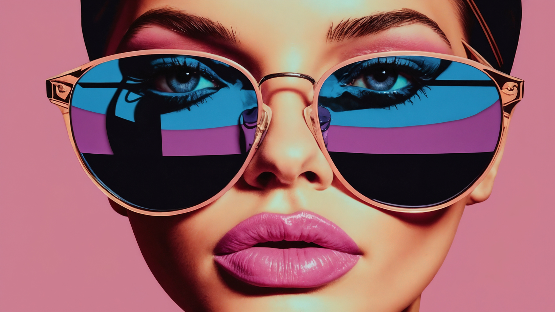 Woman wearing oversized sunglasses with pink and blue reflections on lenses, against pink background.