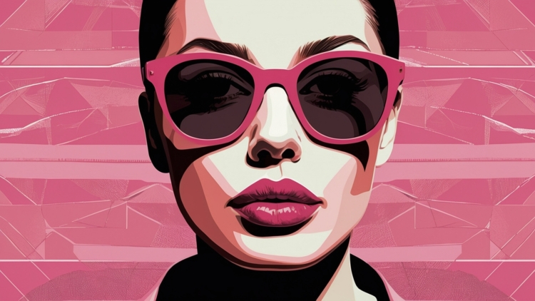 Retro vector illustration of elegant woman in pink sunglasses with geometric background.