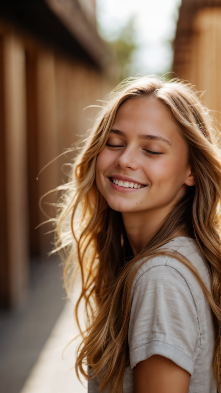 Smiling blonde woman in casual attire standing outside in sunlight against a wooden wall.
