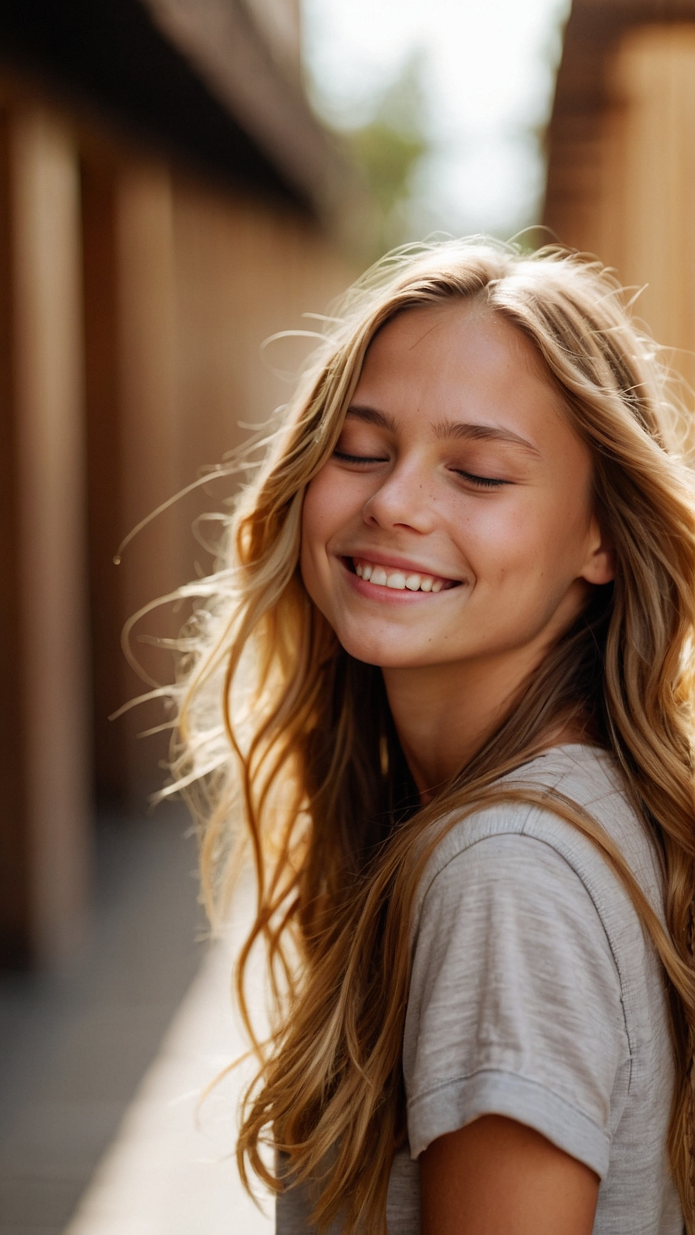 Smiling blonde woman in casual attire standing outside in sunlight against a wooden wall.
