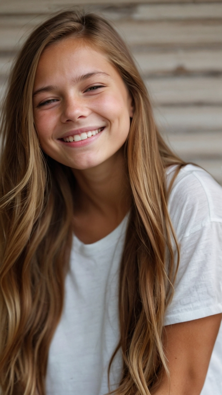 Smiling American girl with long highlighted hair wearing a white t-shirt in natural light.
