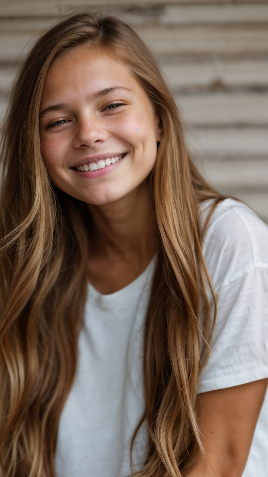 Smiling American girl with long highlighted hair wearing a white t-shirt in natural light.