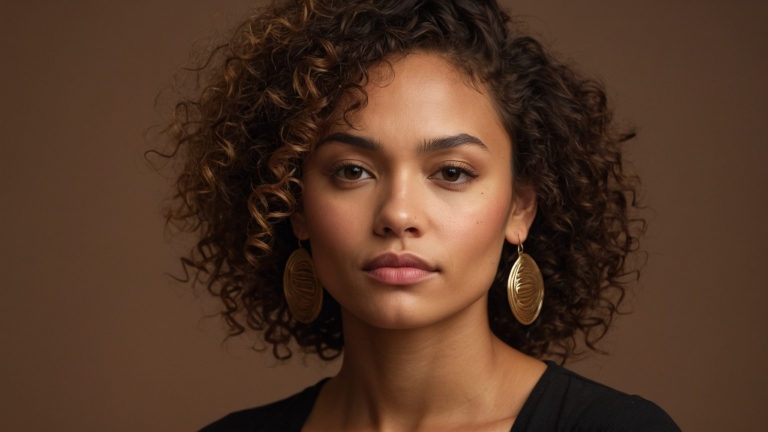 Mixed-race woman with curly hair and large earrings in a professional headshot against a brown background.