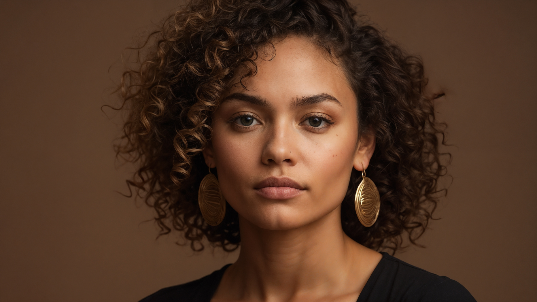 Mixed-race woman with curly hair and large earrings in a professional headshot against a brown background.