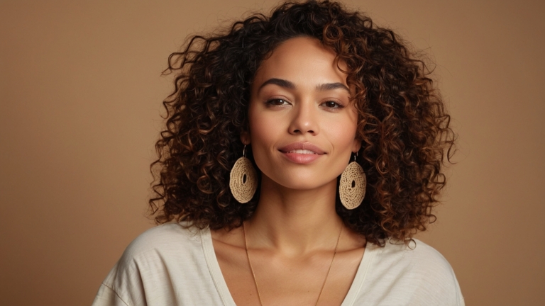 Portrait of woman with curly hair, large earrings, and casual attire against a beige background.