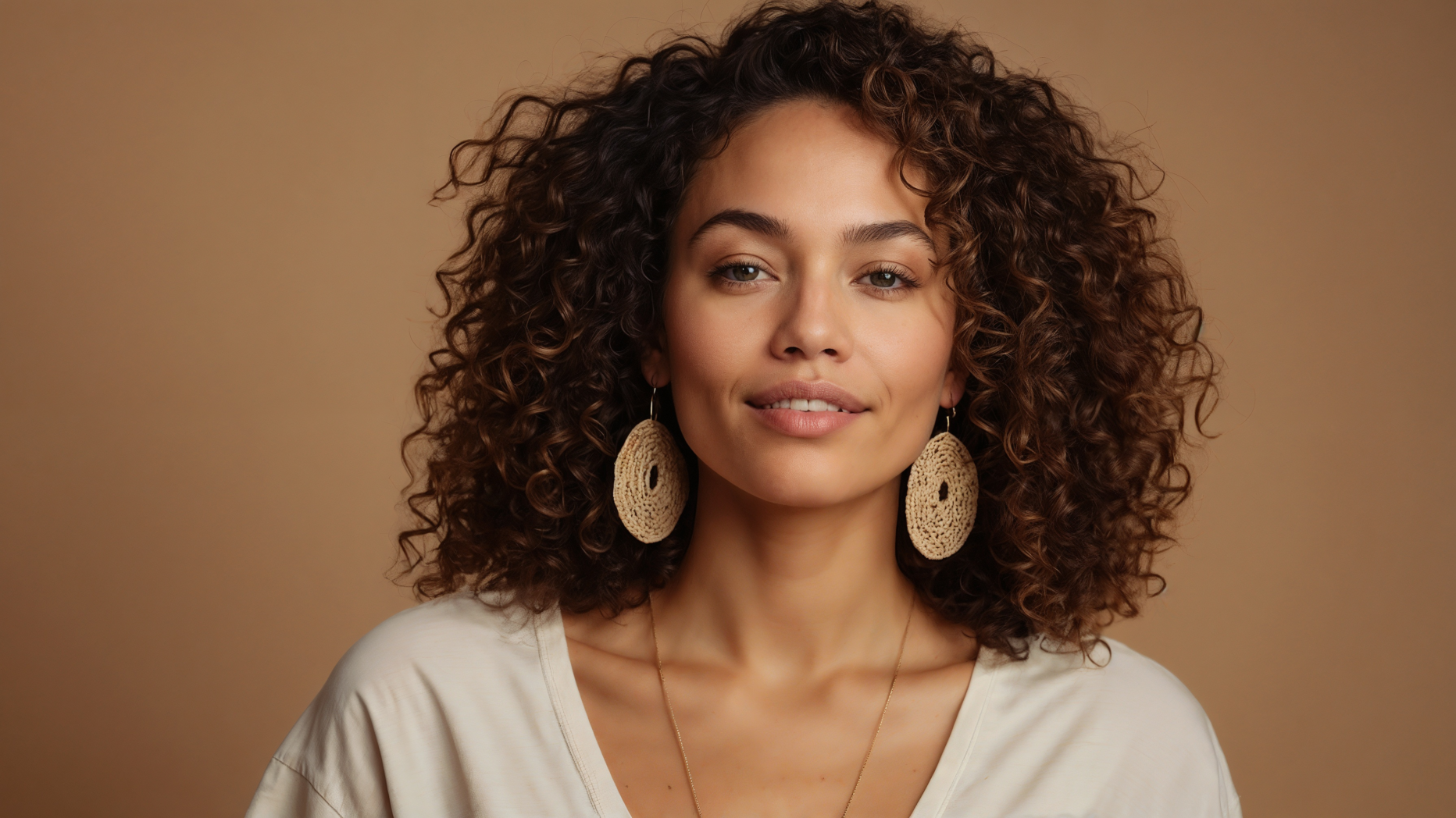 Portrait of woman with curly hair, large earrings, and casual attire against a beige background.