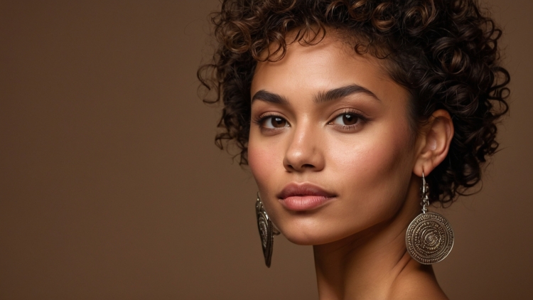 Portrait of beautiful woman with short curly hair, elegant dress, and large earrings, in warm lighting against a brown background.