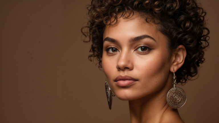 Portrait of beautiful woman with short curly hair, elegant dress, and large earrings, in warm lighting against a brown background.