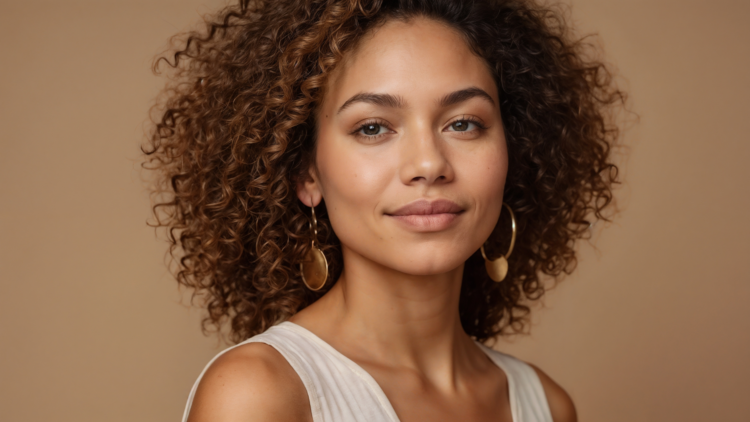 Beautiful woman with curly hair, gold hoop earrings, and white sleeveless top, smiling softly against a beige background.