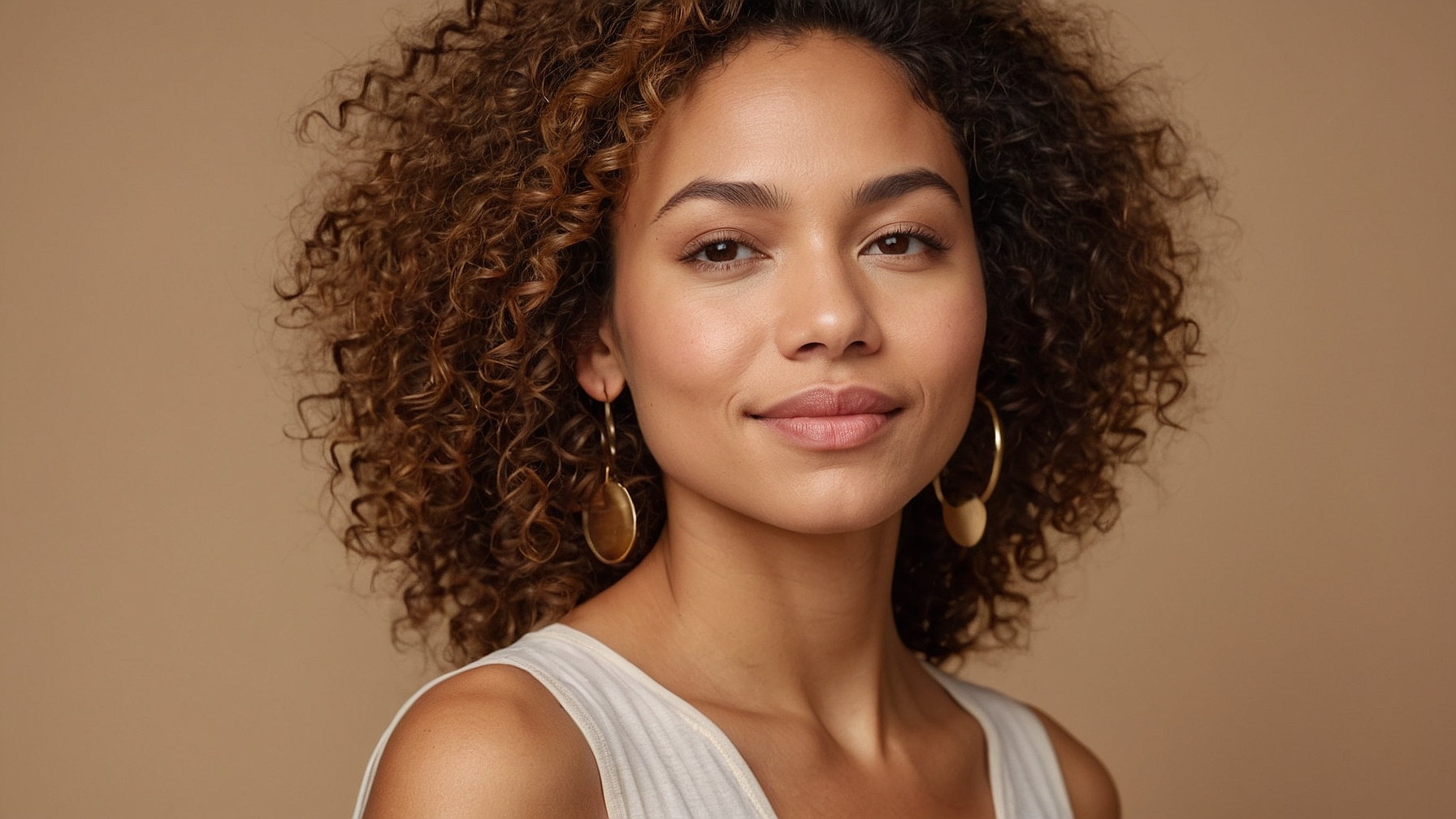 Beautiful woman with curly hair, gold hoop earrings, and white sleeveless top, smiling softly against a beige background.