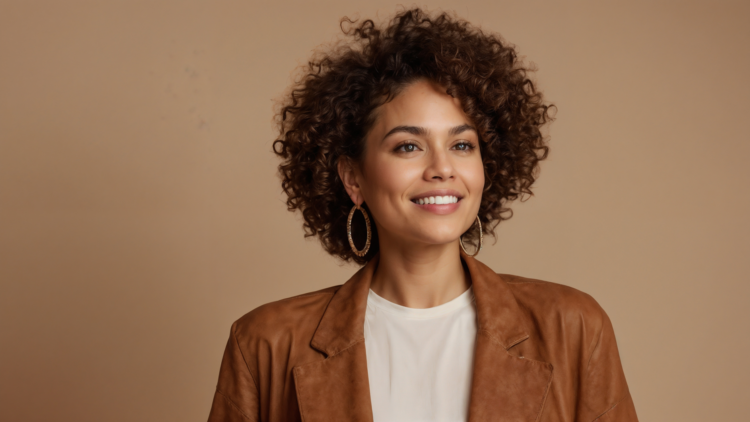 Smiling woman with curly hair in a brown leather blazer, white t-shirt, and hoop earrings against a beige background.