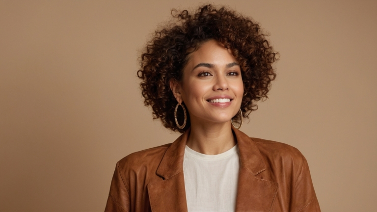Smiling woman with curly hair in a brown leather blazer, white t-shirt, and hoop earrings against a beige background.