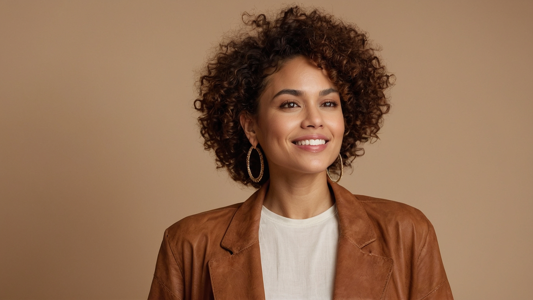 Smiling woman with curly hair in a brown leather blazer, white t-shirt, and hoop earrings against a beige background.