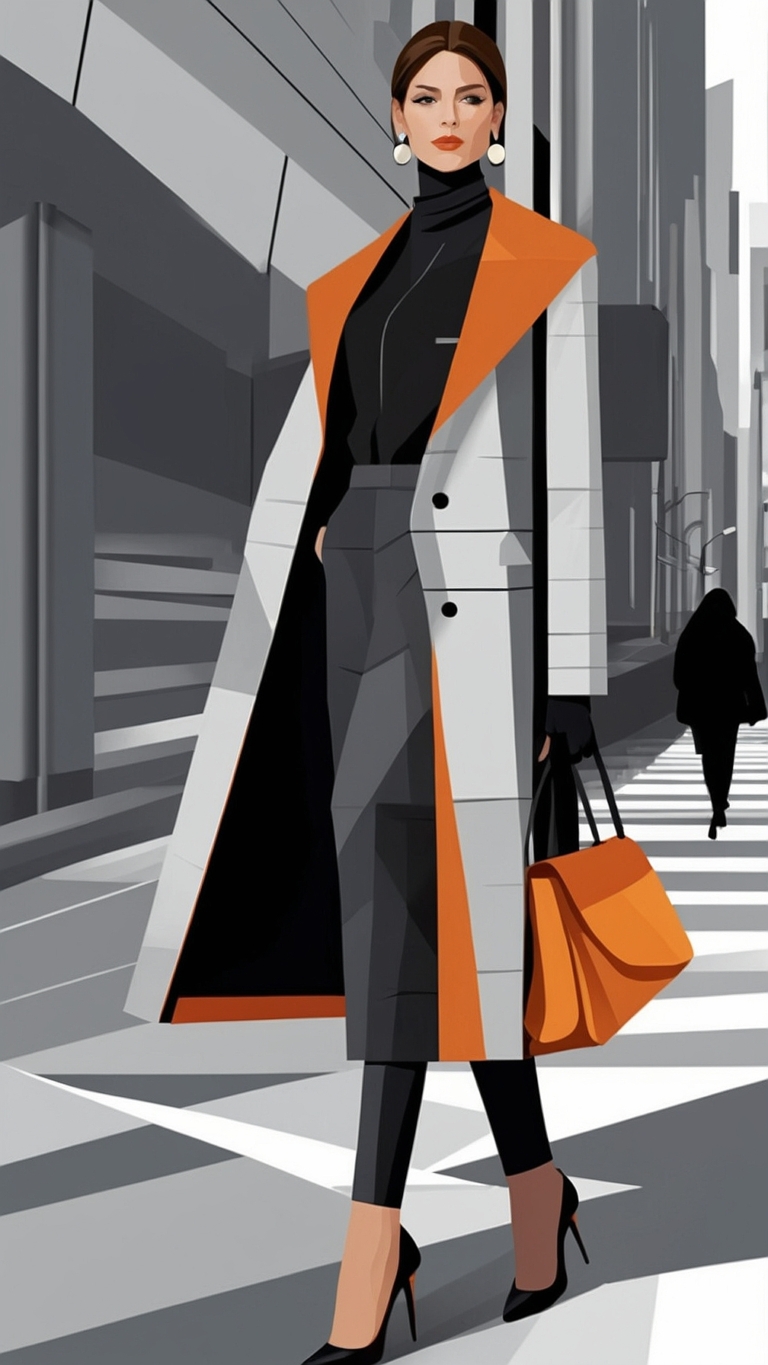 Vector flat illustration of elegant woman in orange coat with handbag and heels, walking on city streets against gray background.