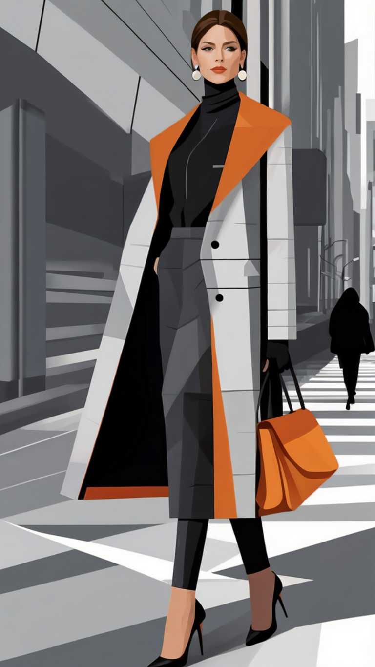 Vector flat illustration of elegant woman in orange coat with handbag and heels, walking on city streets against gray background.