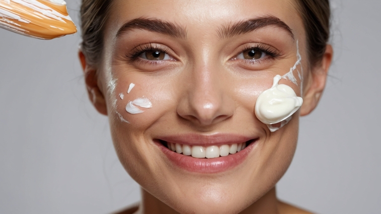 Woman with flawless skin smiling while applying face cream on white background, skincare and beauty concept.