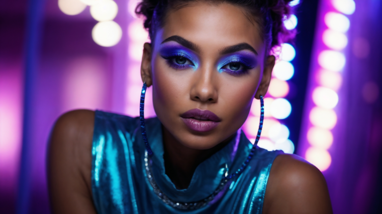 African American woman with blue eye shadow, eyeliner, and lipstick wearing an iridescent top posing in front of purple lights.
