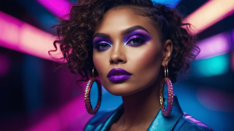 Black woman with curly hair wearing purple lipstick, hoop earrings, and leather jacket in neon-lit background.