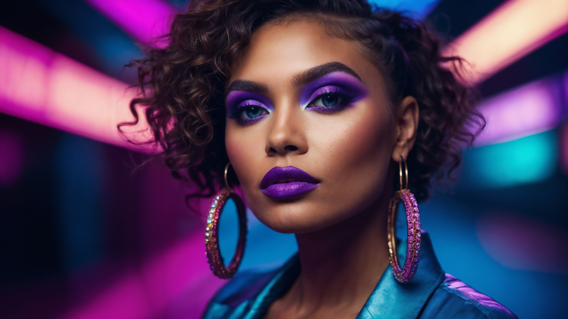 Black woman with curly hair wearing purple lipstick, hoop earrings, and leather jacket in neon-lit background.