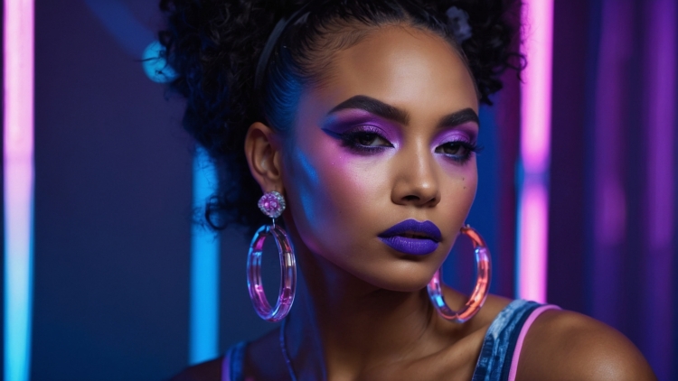 African American woman with updo, purple lipstick, hoop earrings, neon blue and violet background.