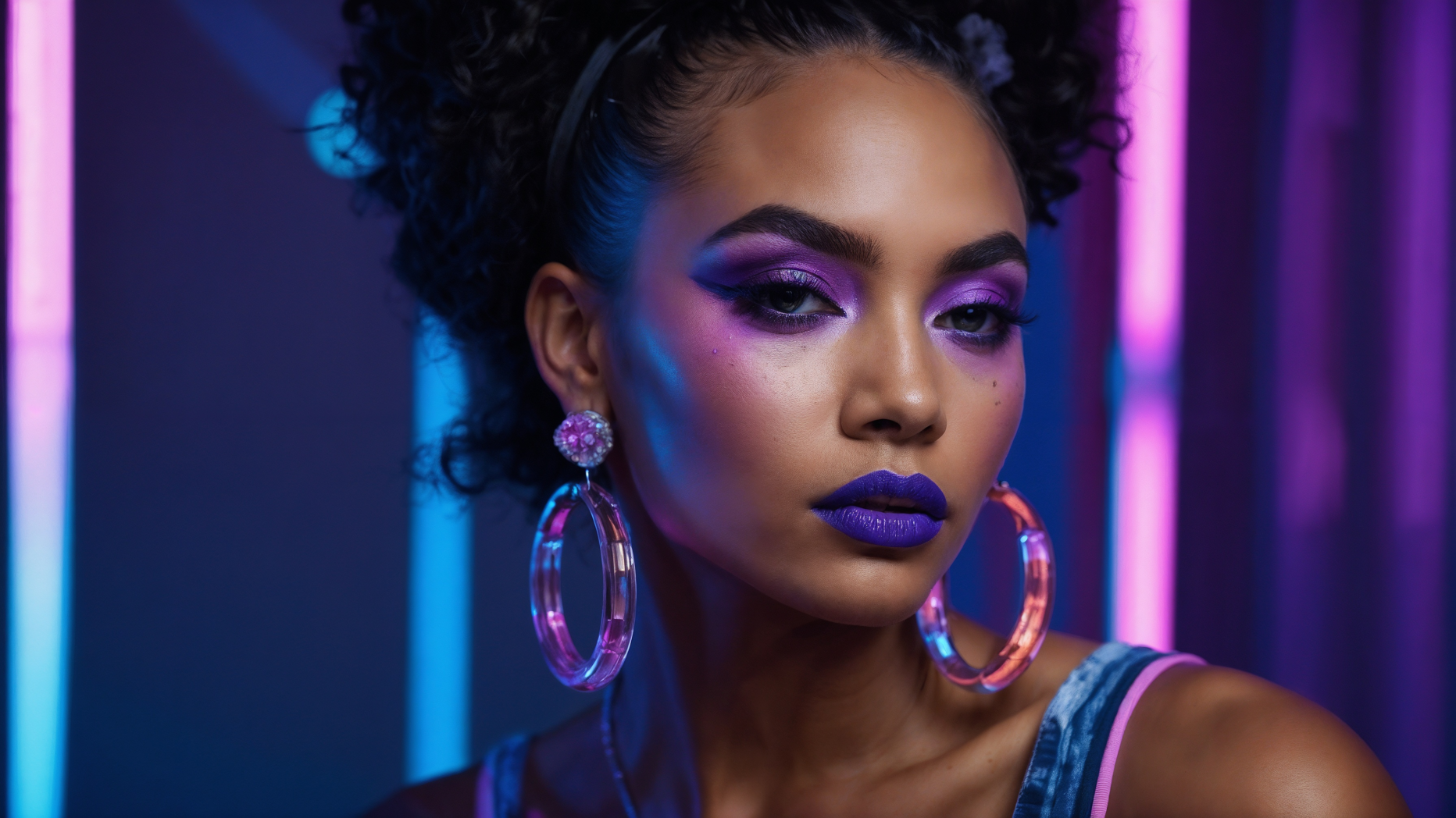 African American woman with updo, purple lipstick, hoop earrings, neon blue and violet background.