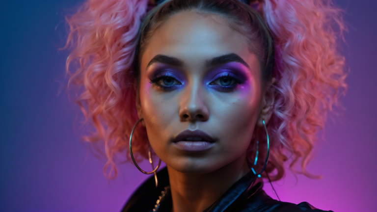 African American woman with curly blonde hair, hoop earrings, purple eyeshadow, black leather jacket, neon purple and blue background.