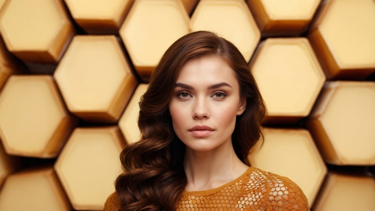 Beautiful woman with brown and honey-colored hair posing in front of golden hexagon abstract background, luxury beauty campaign style.