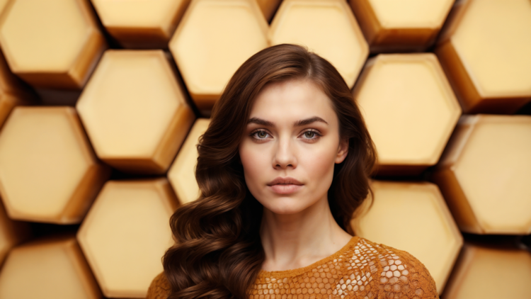 Beautiful woman with brown and honey-colored hair posing in front of golden hexagon abstract background, luxury beauty campaign style.