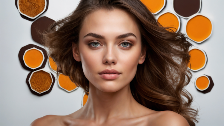 Beautiful woman with brown hair posing in front of orange hexagons on a honey-colored background, skincare product ad style.