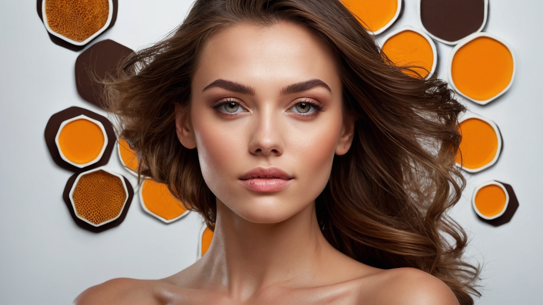 Beautiful woman with brown hair posing in front of orange hexagons on a honey-colored background, skincare product ad style.