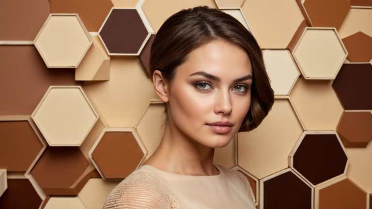 Stock photo of a woman with brown hair and natural makeup standing in front of a colorful hexagon-patterned wall, portrait with space for copy.