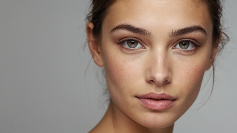 Close-up portrait of a woman with flawless skin and well-groomed eyebrows against a soft gray background, skincare and beauty concept.