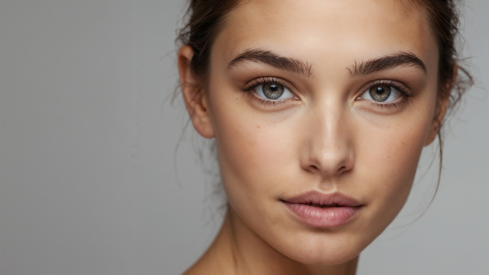 Close-up portrait of a woman with flawless skin and well-groomed eyebrows against a soft gray background, skincare and beauty concept.