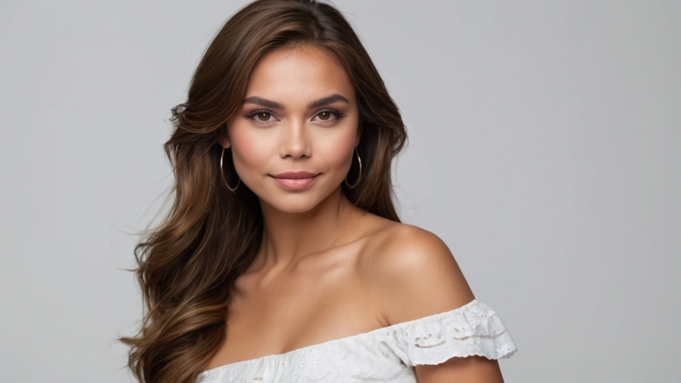 Studio headshot of an attractive woman with long brown hair, white off-the-shoulder dress, and gold earrings against a plain white background.