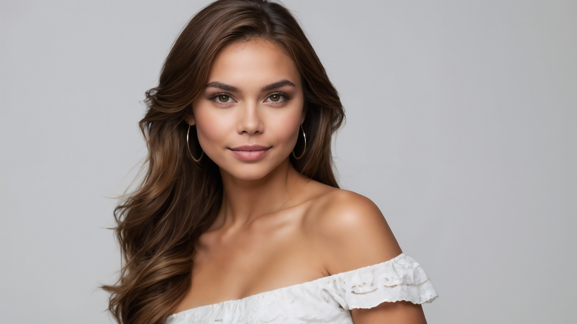 Studio headshot of an attractive woman with long brown hair, white off-the-shoulder dress, and gold earrings against a plain white background.