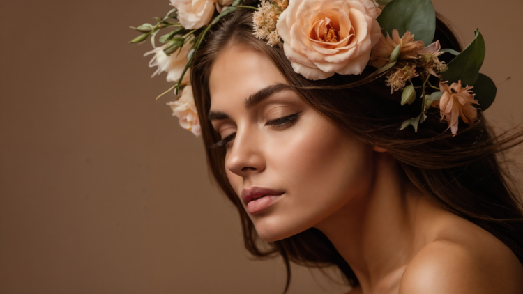 Elegant woman with long hair and flowers, closed eyes, soft pink lips, and flawless makeup against a brown studio background.