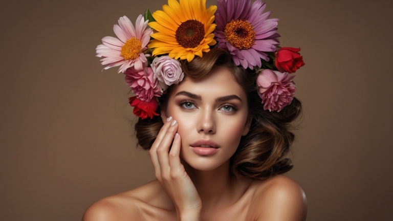 Beautiful woman wearing a colorful flower wreath, touching her face, full-body studio portrait with brown background.