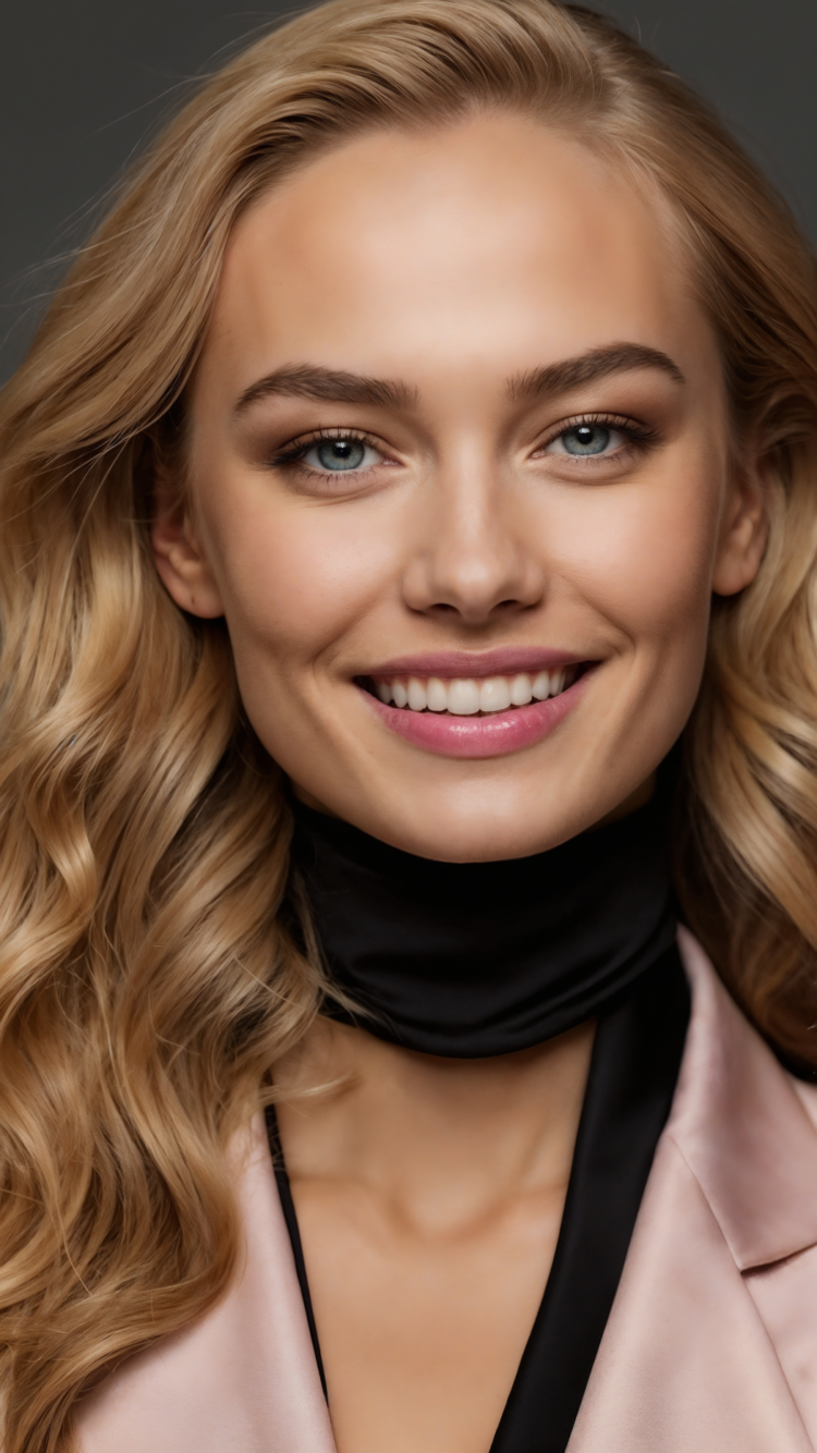 Close-up portrait of smiling blonde woman with pink lips, black choker necklace, pastel peach suit jacket, luxury studio aesthetic.