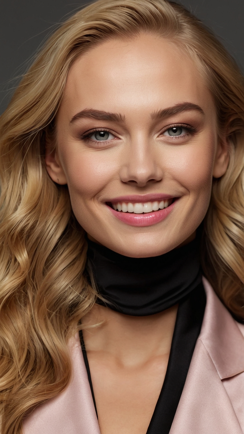 Close-up portrait of smiling blonde woman with pink lips, black choker necklace, pastel peach suit jacket, luxury studio aesthetic.