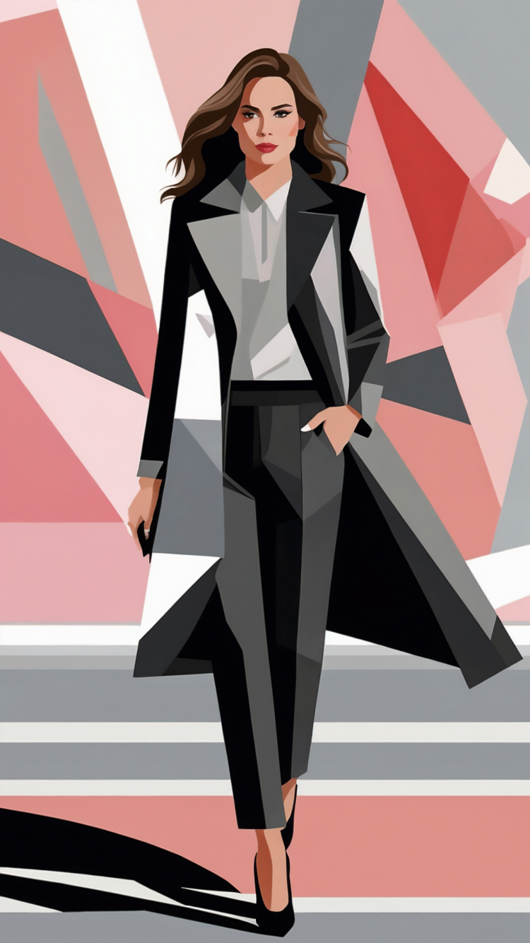 Vector illustration of elegant woman in business suit with long coat and heels, fashion sketch style on geometric grey, pink, and black background.