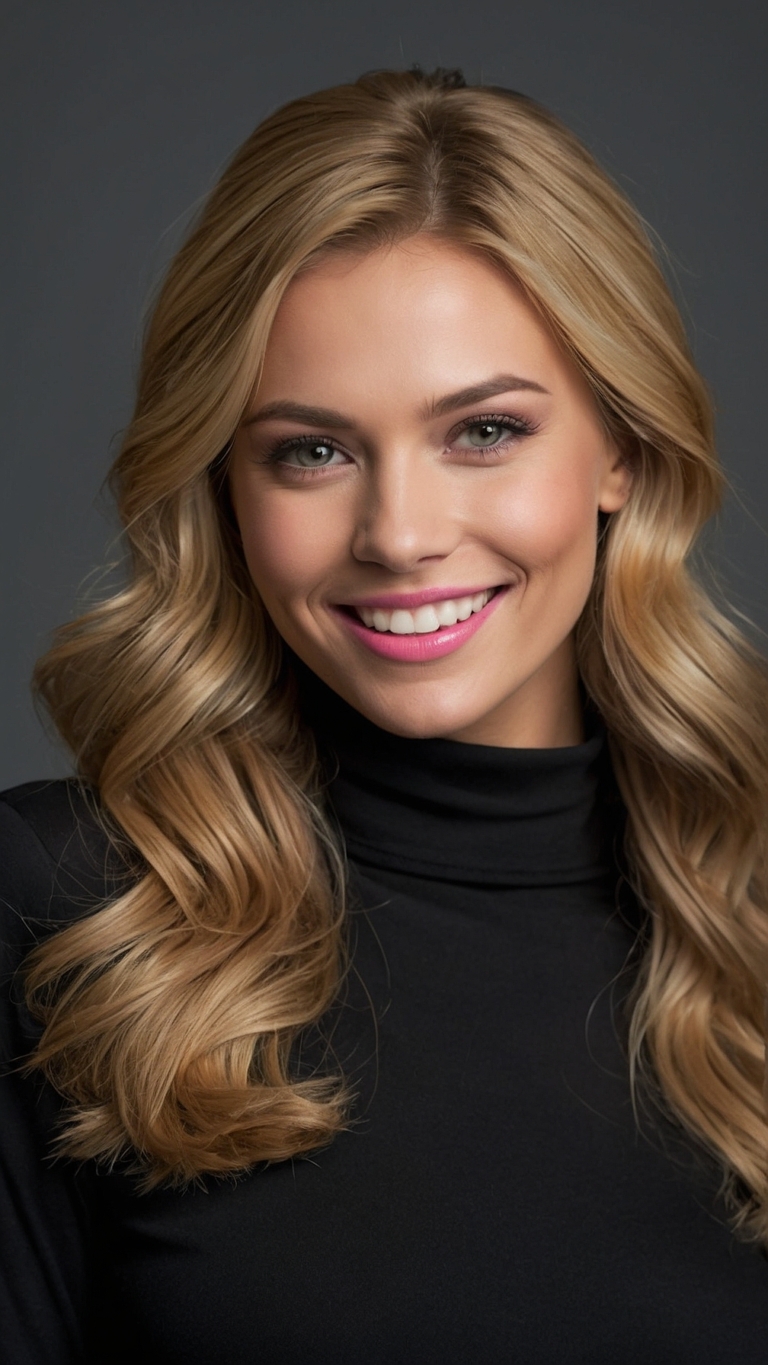 Headshot of smiling blonde woman with loose wavy hair, black turtleneck, and pink lipstick, studio portrait against gray background.