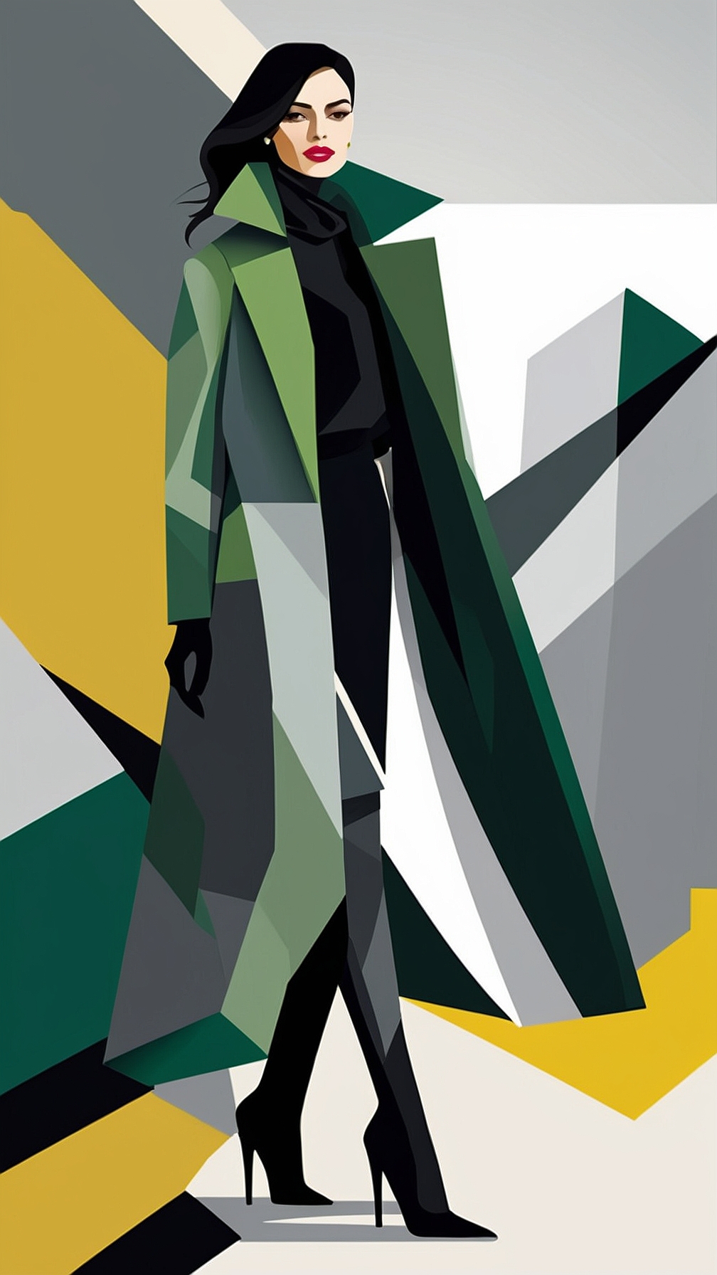 Vector illustration of woman in long green and grey coat, full-body fashion sketch with geometric shapes, flat high-resolution style, minimalistic background.
