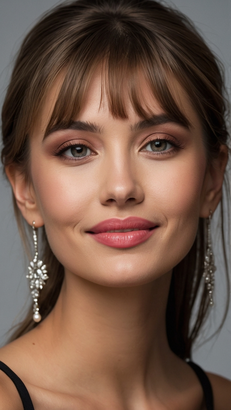 Portrait of a smiling woman with long brown hair, bangs, silver earrings, green eyes, and pink lipstick, in front of a grey background with soft lighting.
